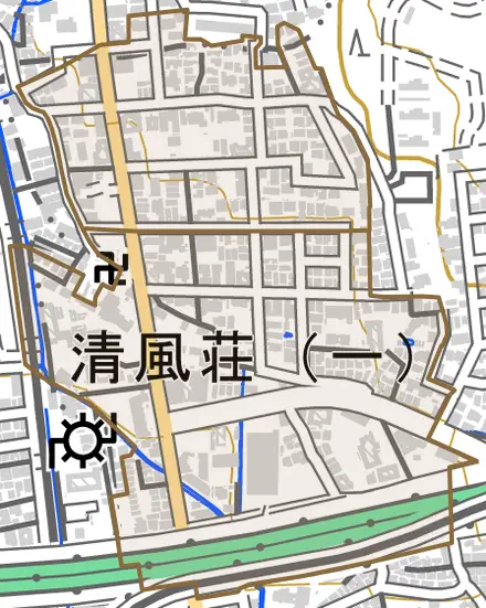清風荘とその周辺の地図。町の範囲を重ねている