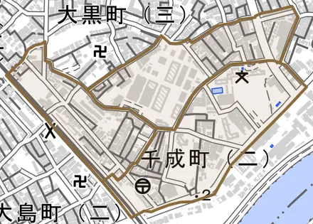 千成町とその周辺の地図。町の範囲を重ねている