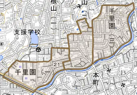 千里園とその周辺の地図。町の範囲を重ねている