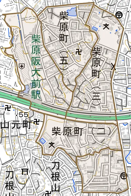 柴原町とその周辺の地図。町の範囲を重ねている