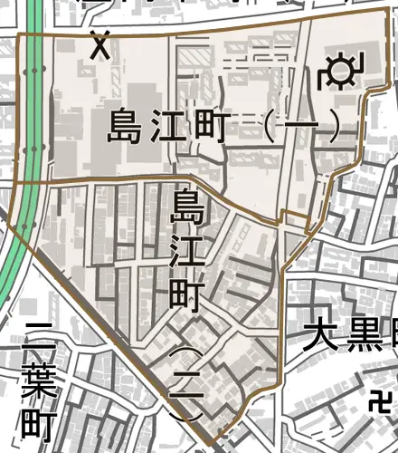 島江町とその周辺の地図。町の範囲を重ねている
