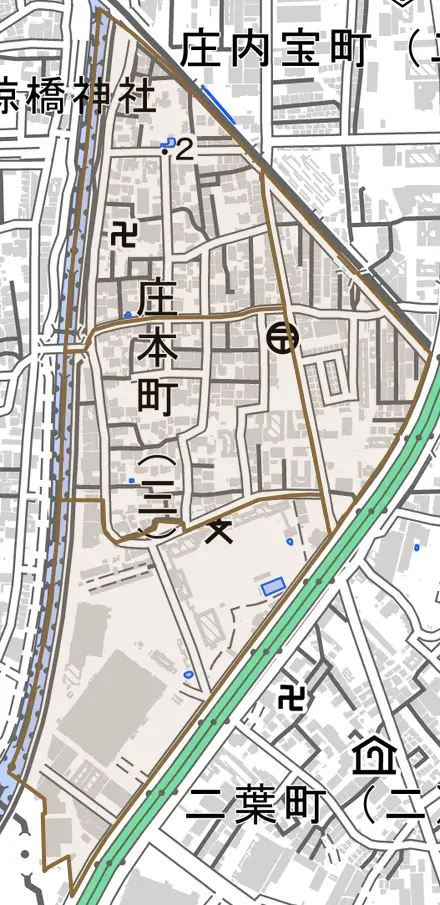 庄本町とその周辺の地図。町の範囲を重ねている