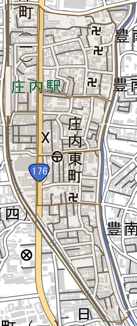 庄内東町とその周辺の地図。町の範囲を重ねている