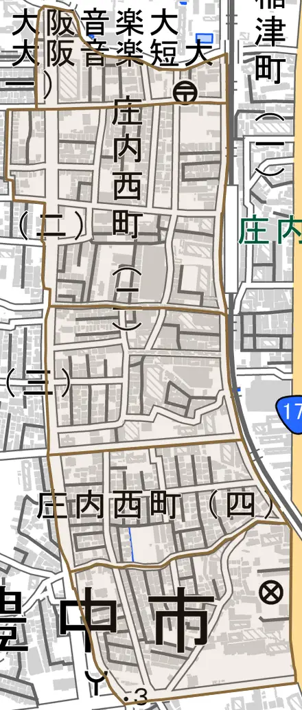庄内西町とその周辺の地図。町の範囲を重ねている