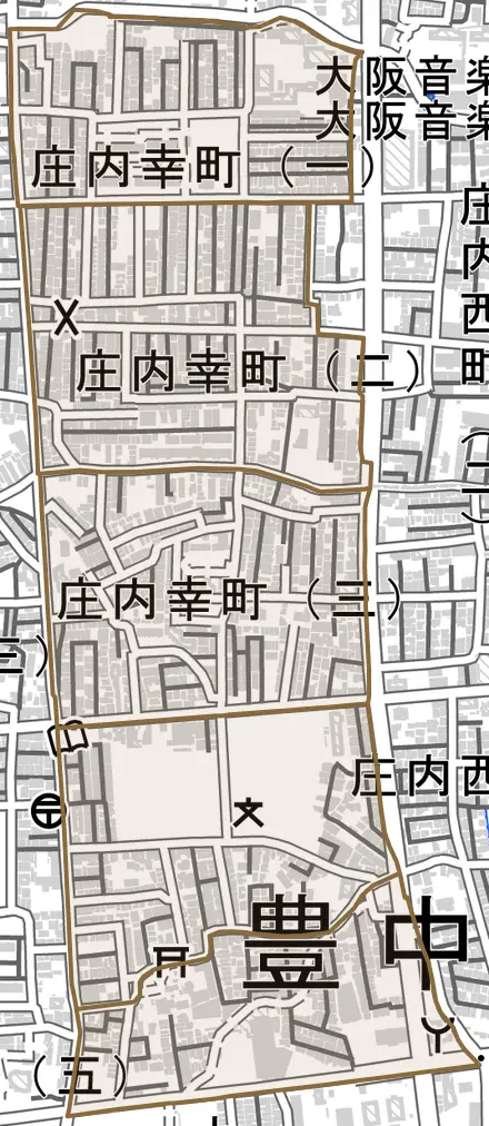 庄内幸町とその周辺の地図。町の範囲を重ねている
