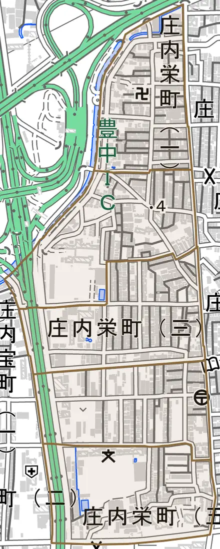 庄内栄町とその周辺の地図。町の範囲を重ねている