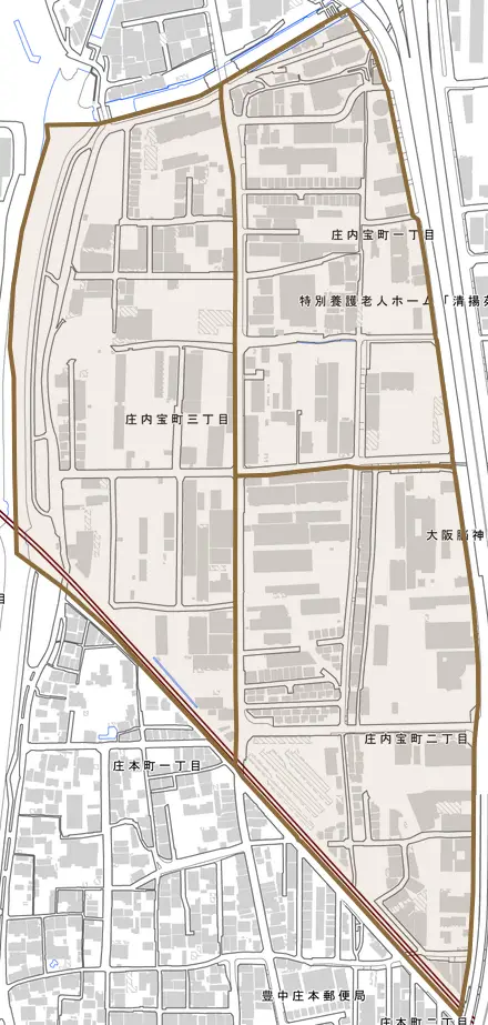庄内宝町とその周辺の地図。町の範囲を重ねている