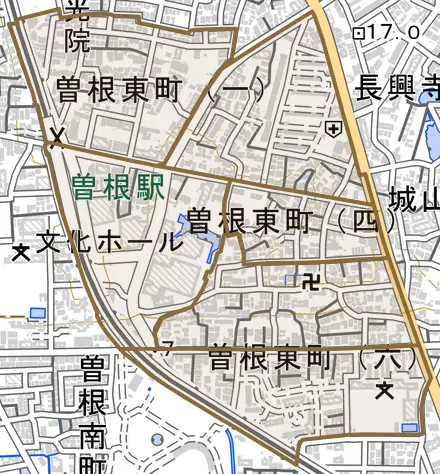 曽根東町とその周辺の地図。町の範囲を重ねている