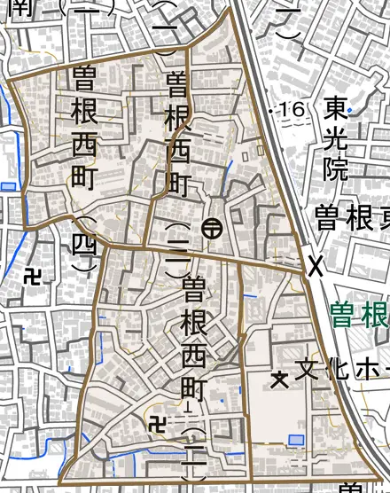 曽根西町とその周辺の地図。町の範囲を重ねている