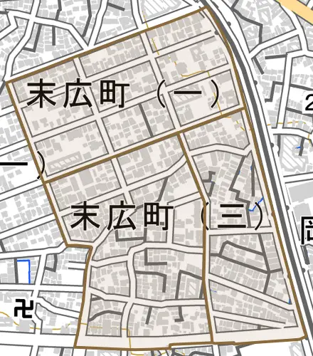 末広町とその周辺の地図。町の範囲を重ねている