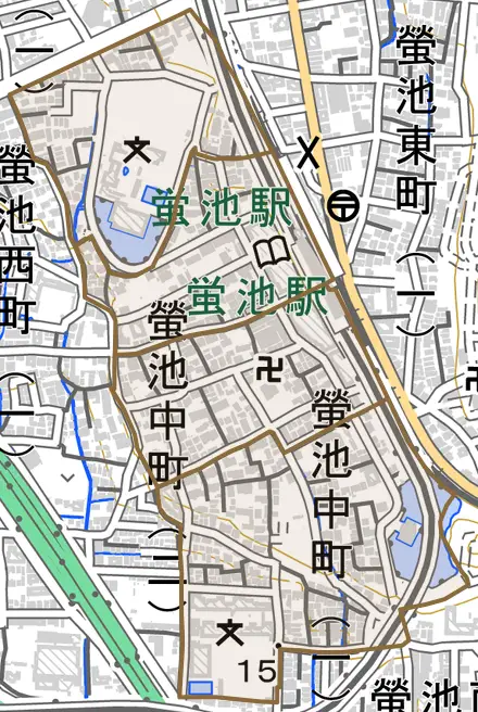 螢池中町とその周辺の地図。町の範囲を重ねている