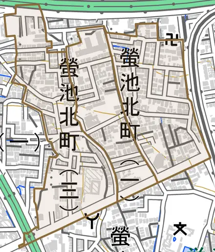 螢池北町とその周辺の地図。町の範囲を重ねている