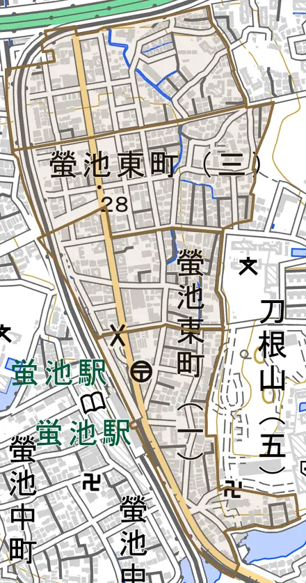 螢池東町とその周辺の地図。町の範囲を重ねている