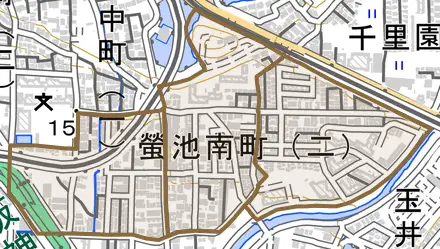 螢池南町とその周辺の地図。町の範囲を重ねている