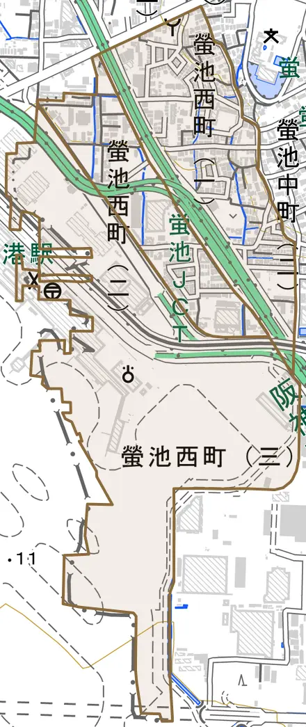 螢池西町とその周辺の地図。町の範囲を重ねている