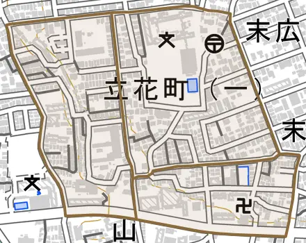 立花町とその周辺の地図。町の範囲を重ねている