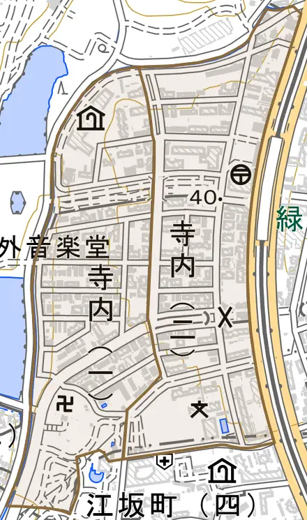 寺内とその周辺の地図。町の範囲を重ねている