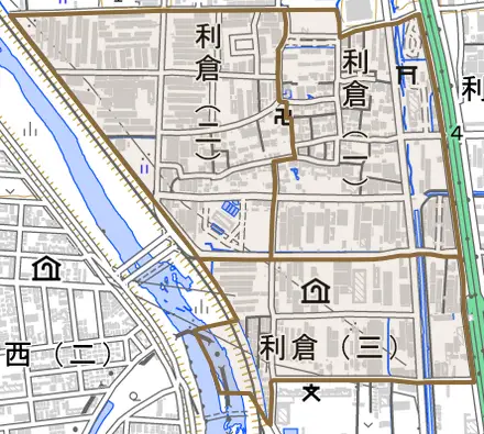 利倉とその周辺の地図。町の範囲を重ねている