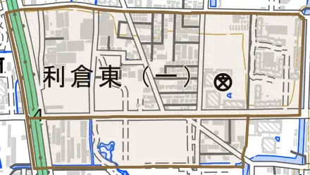利倉東とその周辺の地図。町の範囲を重ねている