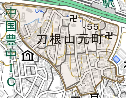 刀根山元町とその周辺の地図。町の範囲を重ねている