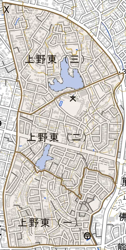上野東とその周辺の地図。町の範囲を重ねている