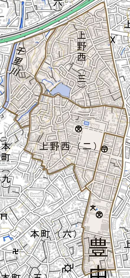 上野西とその周辺の地図。町の範囲を重ねている