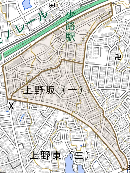 上野坂とその周辺の地図。町の範囲を重ねている