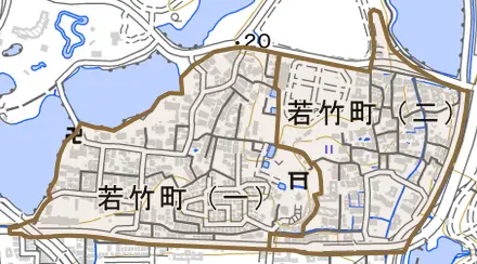 若竹町とその周辺の地図。町の範囲を重ねている
