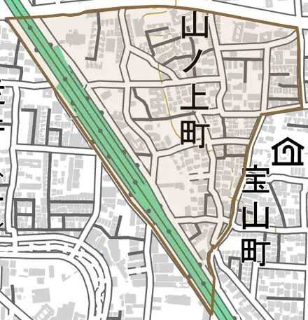 山ノ上町とその周辺の地図。町の範囲を重ねている