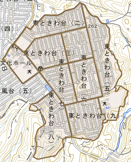 東ときわ台とその周辺の地図。町の範囲を重ねている