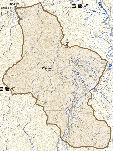 川尻とその周辺の地図。町の範囲を重ねている