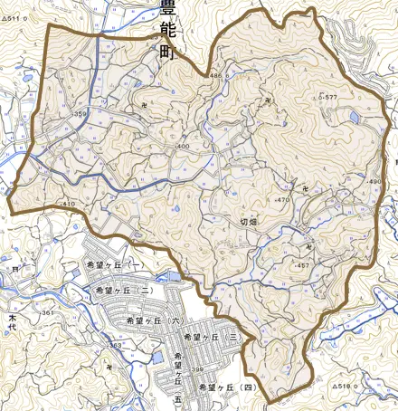 切畑とその周辺の地図。町の範囲を重ねている