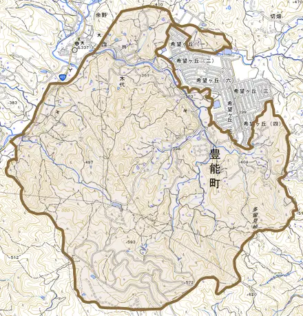 木代とその周辺の地図。町の範囲を重ねている