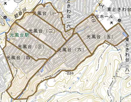 光風台とその周辺の地図。町の範囲を重ねている