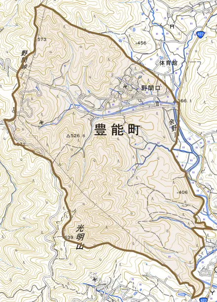 野間口とその周辺の地図。町の範囲を重ねている