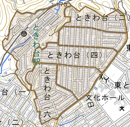 ときわ台とその周辺の地図。町の範囲を重ねている