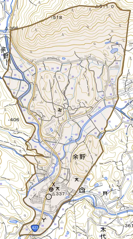 余野とその周辺の地図。町の範囲を重ねている