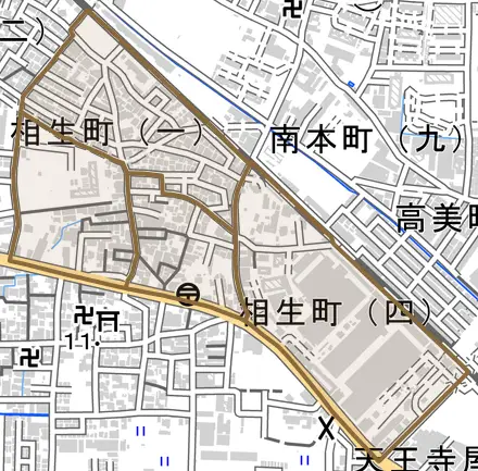 相生町とその周辺の地図。町の範囲を重ねている