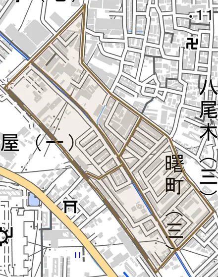 曙町とその周辺の地図。町の範囲を重ねている