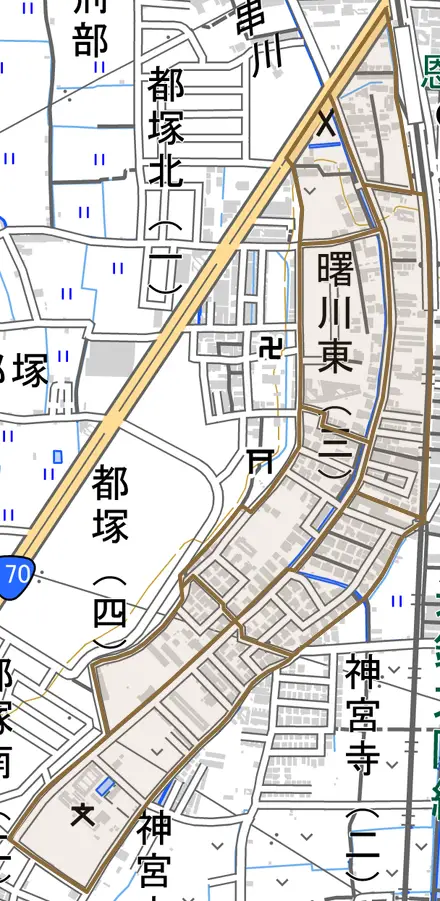 曙川東とその周辺の地図。町の範囲を重ねている
