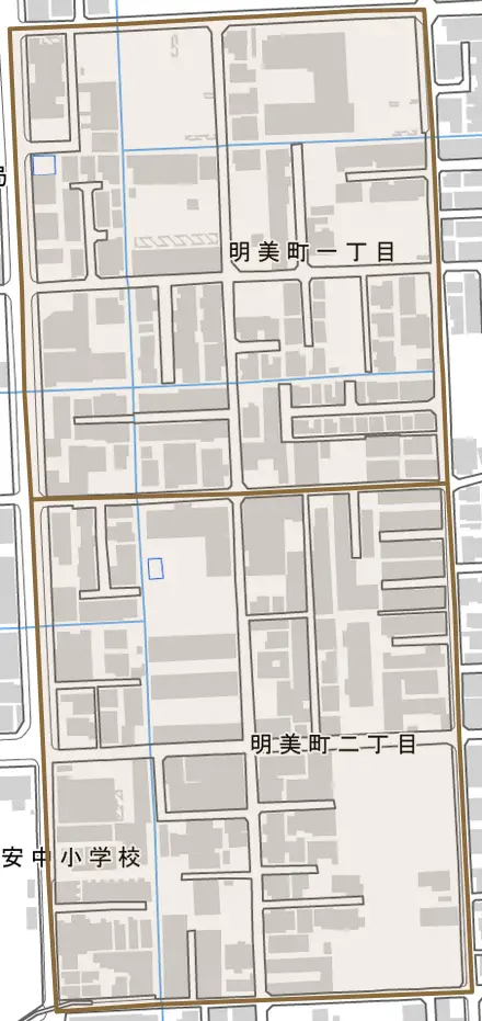 明美町とその周辺の地図。町の範囲を重ねている
