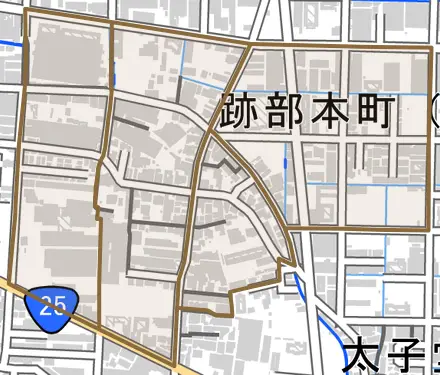 跡部本町とその周辺の地図。町の範囲を重ねている