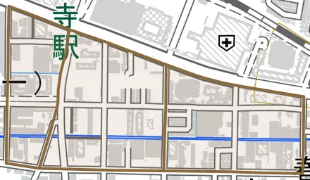 跡部北の町とその周辺の地図。町の範囲を重ねている