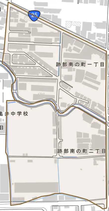 跡部南の町とその周辺の地図。町の範囲を重ねている