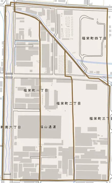福栄町とその周辺の地図。町の範囲を重ねている