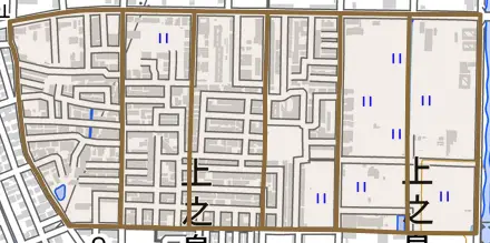 福万寺町南とその周辺の地図。町の範囲を重ねている