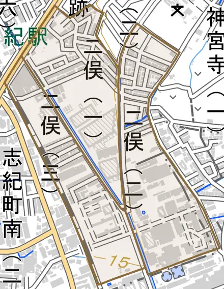二俣とその周辺の地図。町の範囲を重ねている