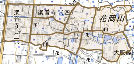 楽音寺とその周辺の地図。町の範囲を重ねている