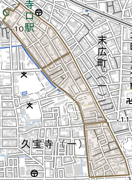 東久宝寺とその周辺の地図。町の範囲を重ねている