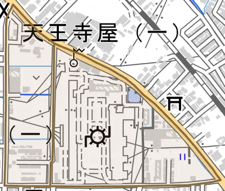 東老原とその周辺の地図。町の範囲を重ねている